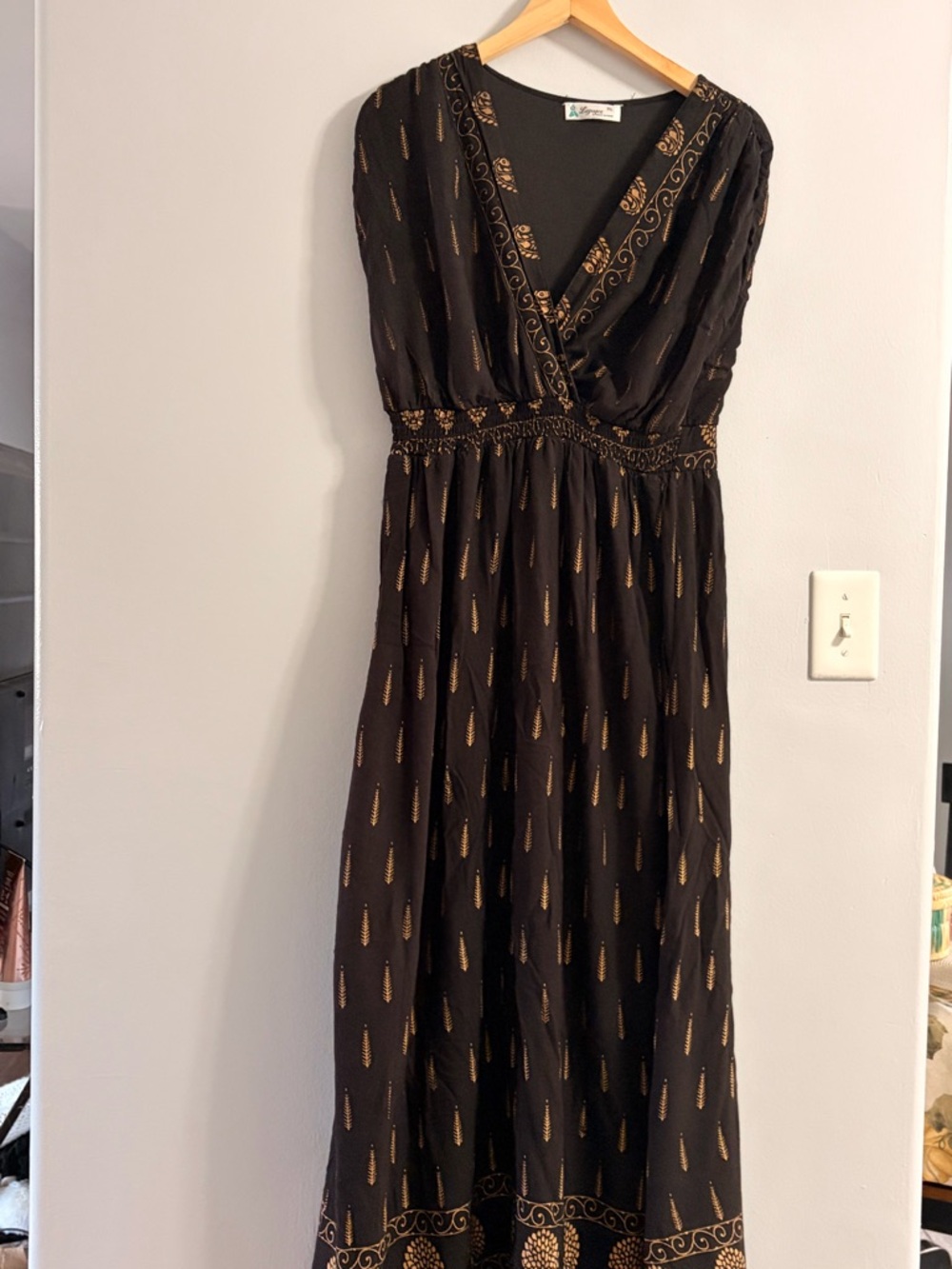 Black Maxi Dress with Gold Motif - V-Neck Maxi